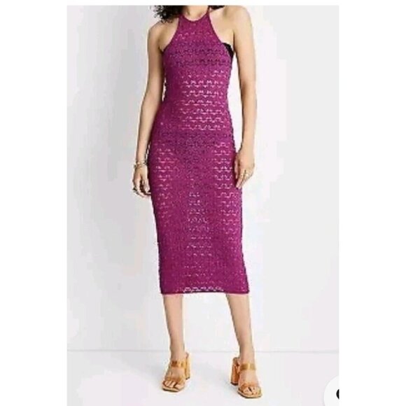 Womens 1X Crochet Halter Midi Bodycon Dress Tie Back In Magenta Sexy Beach - Picture 1 of 11